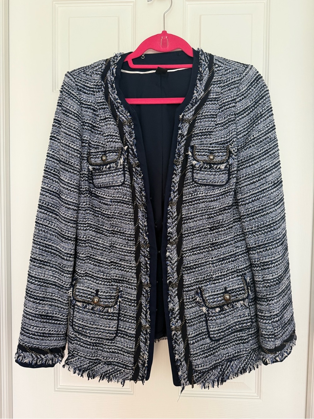 WHBM Classic Navy & White Tweed Open-Front Jacket SIZE 4